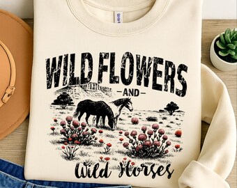 Wild Horses Wildflowers PNG, Western Country Music Sublimation, Instant Download, Cowgirl on Horse Western Shirt Design, Vintage Style PNG