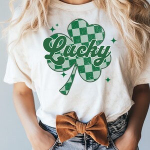 Retro Checkered Lucky St Patricks Day Png, Lucky png, Shamrock Png, Four Leaf Clover St Pattys day Png Design, Retro St Patrick&#39;s day png