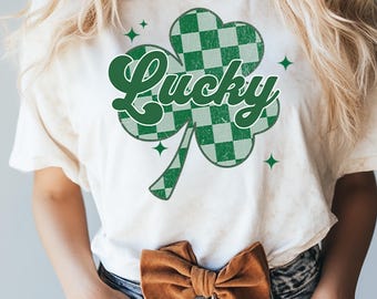 Retro Checkered Lucky St Patricks Day Png, Lucky png, Shamrock Png, Four Leaf Clover St Pattys day Png Design, Retro St Patrick's day png