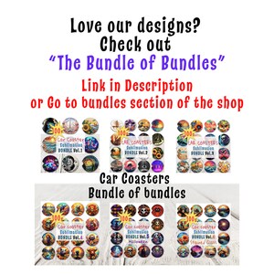 May include: A collection of 100 car coaster sublimation designs in six different bundles. The bundles include designs for stained glass, Halloween, and more. The text "Car Coasters Bundle of Bundles" is displayed below the images.