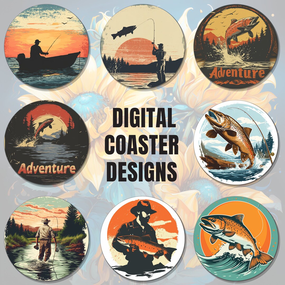 8 Fishing Coaster Sublimation Design PNG, Car Coaster Designs, Round ...