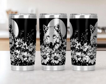 Wolf Flowers 20oz Tumbler Laser Engrave File, 20 oz Quencher Wildflowers Tumbler Wrap SVG and PNG File, Laser Engraving Tumbler