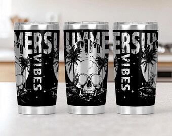 May include: Three stainless steel travel mugs with a black and white design. The design features a skull wearing sunglasses, palm trees, and the words "SUMMER VIBES". The mugs have a silver rim and lid.