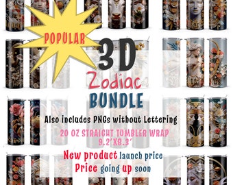 3D Zodiac flower bundle Tumbler wrap png,20oz Skinny Sublimation Designs for Tumblers print,  Star Sign Galaxy floral tumbler wrap