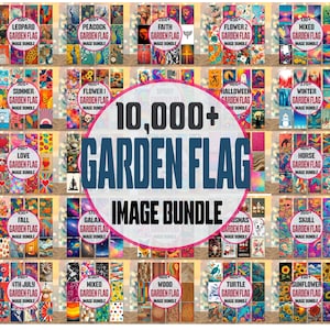 Puede incluir: Una colección de banderas de jardín con varios diseños, incluyendo estampado de leopardo, pavos reales, imágenes religiosas, flores y patrones mixtos. La imagen presenta el texto "10,000+ GARDEN FLAG IMAGE BUNDLE."