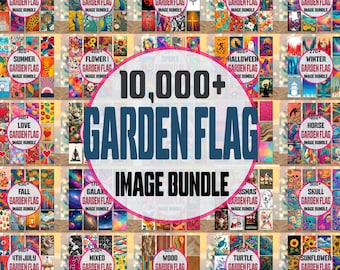 Può includere: Una collezione di bandiere da giardino con vari disegni, tra cui stampa leopardata, pavoni, immagini religiose, fiori e motivi misti. L'immagine presenta il testo "10,000+ GARDEN FLAG IMAGE BUNDLE."