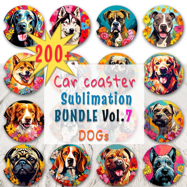 200+ PNG Car Coaster Sublimation Design - vol 7 Dogs, about 100 breeds, Round Sublimation Design, Instant Download, Commercial Use Png