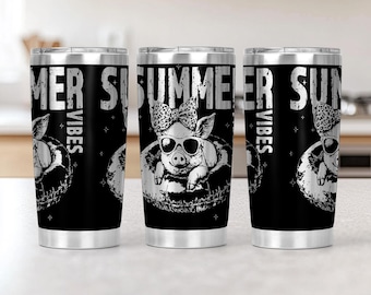 May include: Three stainless steel travel mugs with a black background. Each mug features a white graphic of a pig wearing sunglasses and a bow, floating on an inner tube. The text "SUMMER VIBES" is printed in white.