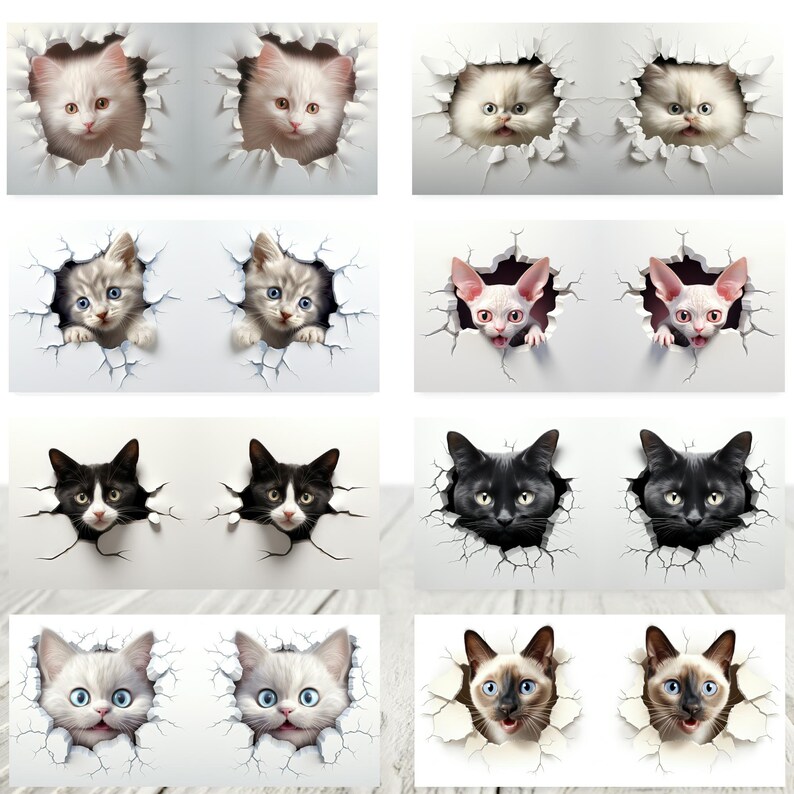 May include: A set of 10 digital printable images featuring various cats peeking through holes in a wall. The images are perfect for crafting projects, scrapbooking, or adding a touch of whimsy to your home decor.