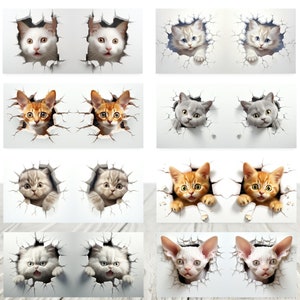 May include: A digital collage of 10 different cat breeds peeking through holes in a white wall. The cats are all looking at the camera with different expressions. The cats are all different colors and patterns.