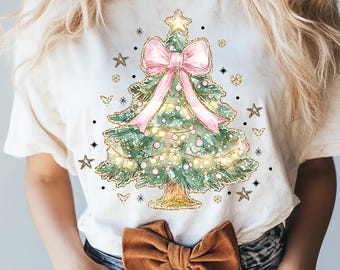 Coquette Glitter Christmas Tree Png, Watercolor Christmas Tree Girly, Merry Christmas Coquette Bow Tree Png, Christmas Lights Hand Drawn