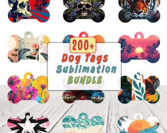 May include: A set of 200+ sublimation dog tags in various designs. The tags are bone-shaped and feature a variety of colorful patterns, including skulls, tigers, flowers, and tropical scenes.