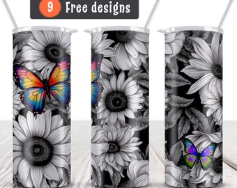 Black and white sunflowers butterfly seamless Tumbler Designs,20oz Skinny Tumbler Sublimation Design,sublimate Tumbler PNG print