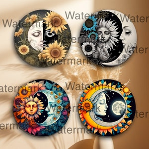 Może przedstawiać: Cztery okrągłe, kolorowe, ilustrowane podkładki pod kubki z motywem słońca i księżyca. Każda podkładka ma inny schemat kolorystyczny i przedstawia słońce i księżyc z twarzą. Słońce i księżyc są otoczone słonecznikami.
