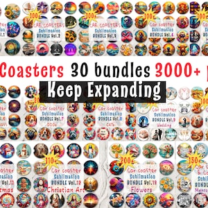 May include: A collection of 30 bundles of 100+ car coasters sublimation designs. The designs include stained glass, dogs, cats, wedding, autumn, Christmas, Christian art, flowers, and mental health themes. The text "Car Coasters 30 bundles 3000+ pngs Keep Expanding" is displayed at the top of the image.