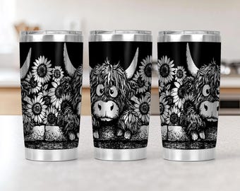 Highland cow Flowers 20oz Tumbler Laser Engrave File, 20 oz Quencher Wildflowers Tumbler Wrap SVG and PNG File, Laser Engraving Tumbler