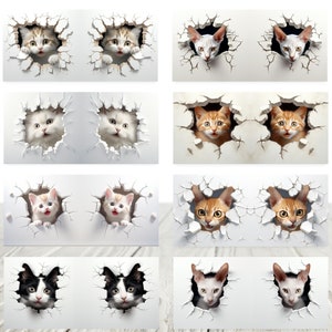 May include: A collage of 10 images featuring various cats peeking through holes in a white wall. The cats are of different breeds and colors, including white, orange, black, and brown.