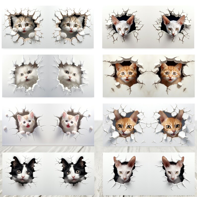 May include: A collage of 10 images featuring various cats peeking through holes in a white wall. The cats are of different breeds and colors, including white, orange, black, and brown.