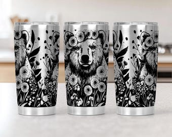 Bear Flowers 20oz Tumbler Laser Engrave File, 20 oz Quencher Wildflowers Tumbler Wrap SVG and PNG File, Laser Engraving Tumbler