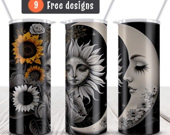 Celestial Moon Sun flowers Tumbler Designs, 20oz Skinny Tumbler Sublimation Design sublimate  Straight & Tapered PNG designs downloads wrap