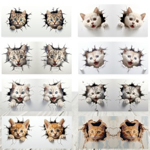 May include: A collage of 10 images featuring cats peeking through holes in a wall. The cats are in various poses and expressions, with some looking playful and others looking curious. The background is a white wall with a textured surface.