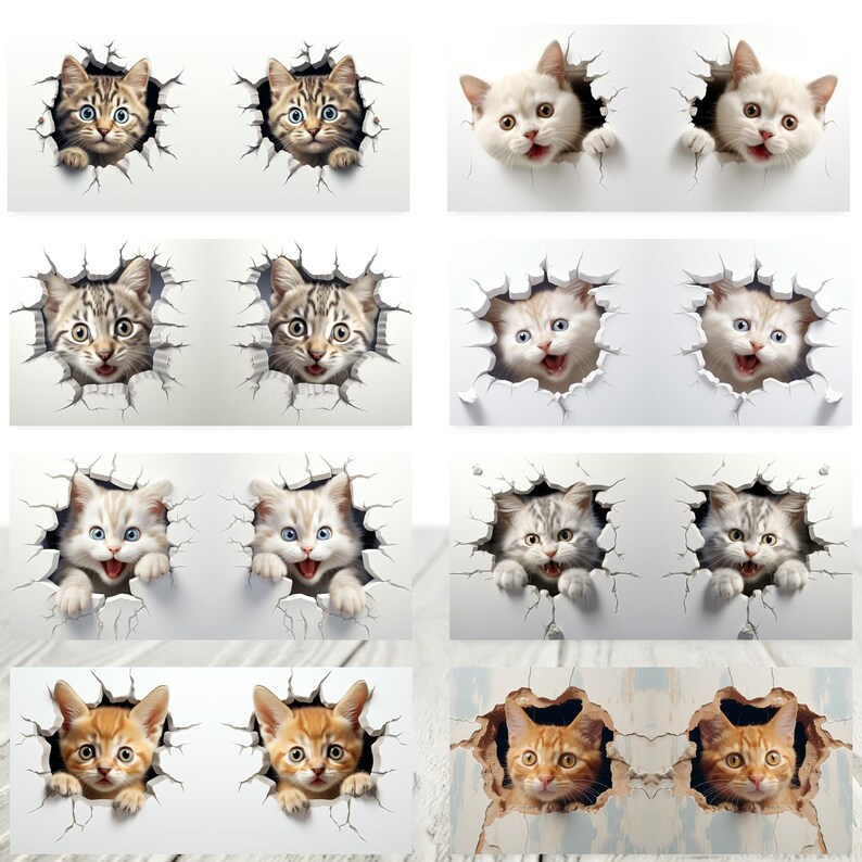 May include: A collage of 10 images featuring cats peeking through holes in a wall. The cats are in various poses and expressions, with some looking playful and others looking curious. The background is a white wall with a textured surface.