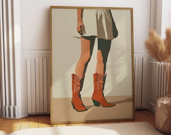 Minimalist Retro Western Art, flowers cowboy print, cowgirl boots print, cowgirl print, Cowgirl boots print, Southern room wall art