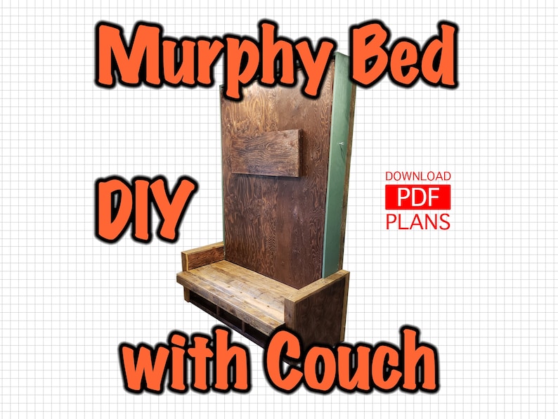May include: DIY Murphy bed with a couch, made of wood with a rustic finish. The bed is folded up and the couch is visible. The text "Download PDF Plans" is in red on a white background.