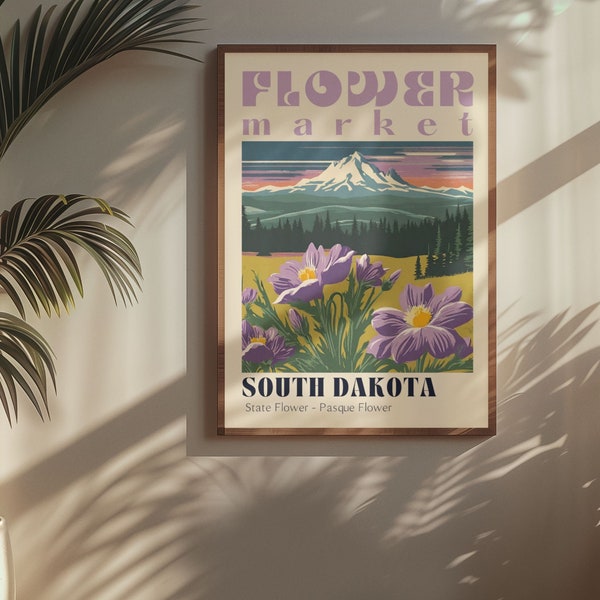 South Dakota State Flower Market Poster Retro Cities Prints Retro Travel Poster Vintage Travel Print South Dakota Poster Mount Rushmore Art