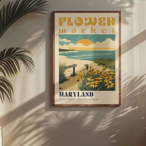Maryland State Flower Market Poster Retro Cities Prints Retro Travel Poster Vintage Travel Print Maryland Lover Black-Eyed Susan Flower Art