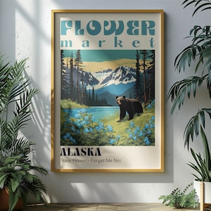 Cartel del mercado de flores del estado de Alaska Impresiones de ciudades retro Cartel de viaje retro Impresión de viajes vintage Impresión del estado de Alaska Regalos de Alaska Arte de Alaska