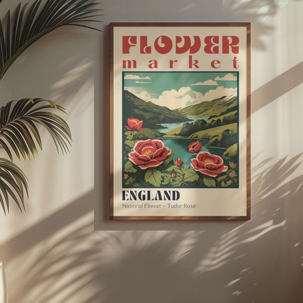 England Flower Market Poster Retro Cities Print Retro Travel Poster Vintage Travel Print Tudor Rose English Countryside London Travel Poster