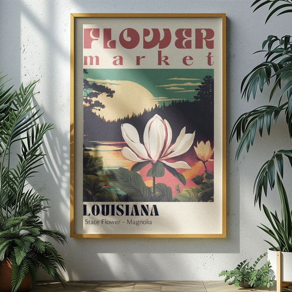 Louisiana State Flower Market Poster Retro Cities Prints Retro Travel Poster Vintage Travel Print Louisiana Magnolia Art Louisiana Football