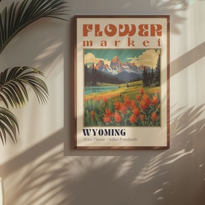 Poster del mercato dei fiori dello stato del Wyoming Stampe di città retrò Poster di viaggio retrò Stampa di viaggio vintage Arte della parete occidentale Pennello indiano del Wyoming