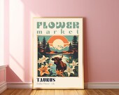 Taurus Poster Trendy Zodiac Print Astrology Poster Retro Travel Poster Flower Market Poster Vintage Travel Print Birth Flower Art Print