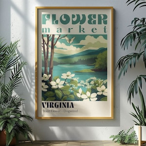 Virginia State Flower Market Poster Retro Cities Prints Retro Travel Poster Vintage Travel Print Virginia Tech University Virginia Poster