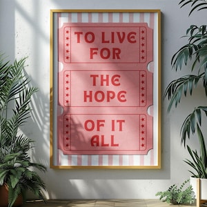 Preppy Pink Ticket Stub Print To Live For The Hope Of It All Folklore Print August Art Movie Ticket Poster Dorm Wall Decor Retro Quote Print