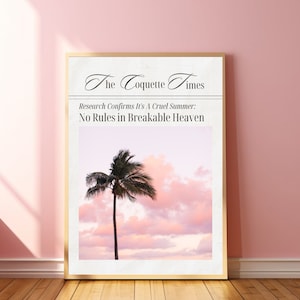 Cartel de verano cruel, cartel de periódico estético, arte de periódico de moda, decoración femenina de muy buen gusto, vaquera costera, cartel rosa de muy buen gusto, arte de coqueta