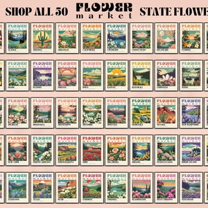 Może przedstawiać: Kolekcja 50 plakat&oacute;w w stylu vintage przedstawiających kwiaty stanowe każdego stanu USA. Każdy plakat zawiera kolorową ilustrację kwiatu i krajobraz, z tekstem "Flower Market" u g&oacute;ry.