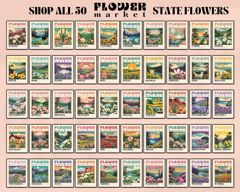 Może przedstawiać: Kolekcja 50 plakat&oacute;w w stylu vintage przedstawiających kwiaty stanowe każdego stanu USA. Każdy plakat zawiera kolorową ilustrację kwiatu i krajobraz, z tekstem "Flower Market" u g&oacute;ry.