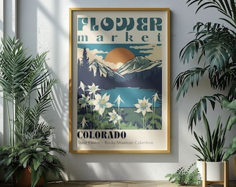 Colorado State Flower Market Poster Retro Cities Prints Retro Travel Poster Vintage Travel Print Colorado Gift Colorado Peaks Colorado Art