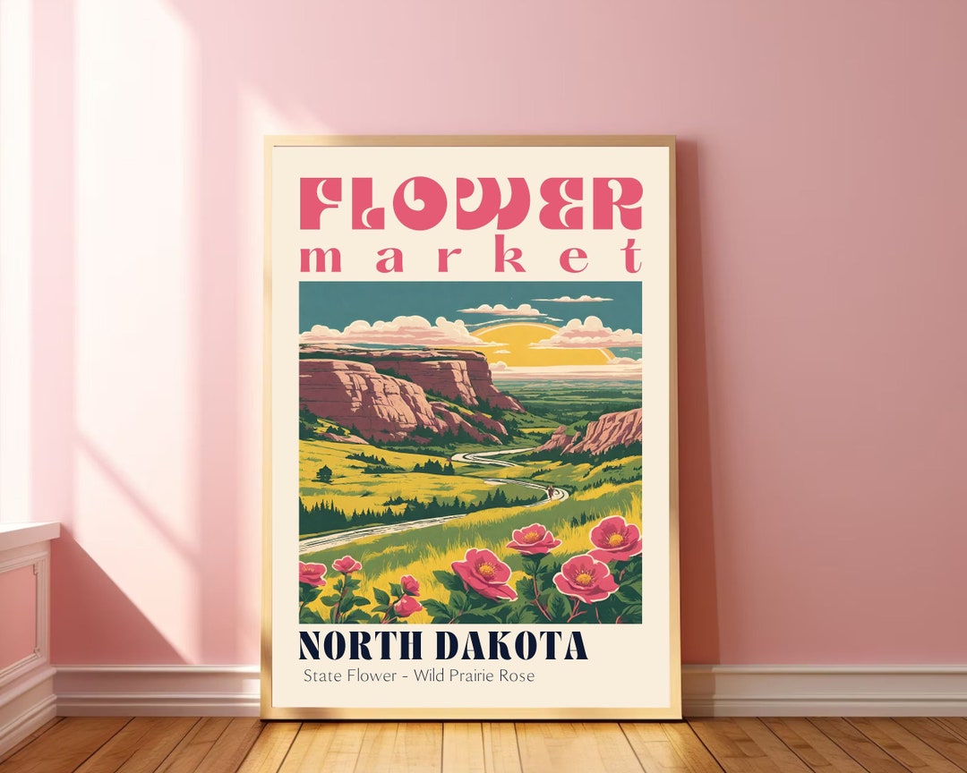 North Dakota Flower Market Poster Wild Prairie Rose Travel Wall Art - Etsy
