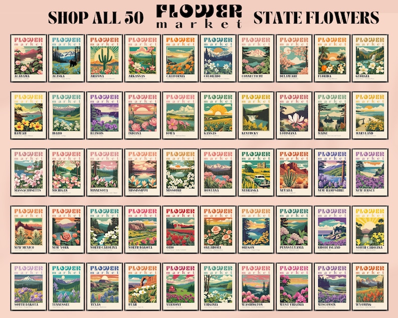 Op de afbeelding: Een collage van 50 vintage-achtige posters met de staatsbloemen van elke Amerikaanse staat. Elke poster heeft een kleurrijke illustratie van de bloem en de naam van de staat. De posters zijn gerangschikt in een raster en hebben een roze achtergrond. De tekst "SHOP ALL 50 FLOWER STATE FLOWERS" staat bovenaan de afbeelding.