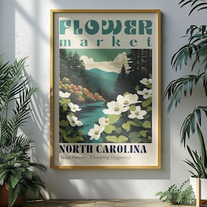 North Carolina State Flower Market Poster Retro Cities Prints Retro Travel Poster Vintage Travel Print Flowering Dogwood North Carolina Gift