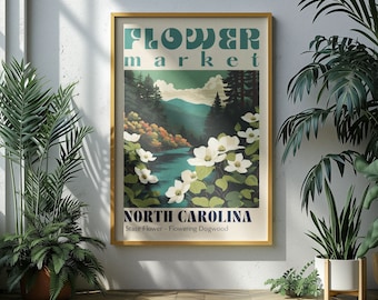 Plakat na targ kwiatowy stanu Karolina Północna Miasta retro Wydruki Plakat retro podróżny Vintage Wydruk podróżny Kwitnący dereń Karolina Północna Prezent