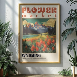Affiche du marché aux fleurs de l'État du Wyoming, impressions de villes rétro, affiche de voyage rétro, impression de voyage vintage, art mural occidental, pinceau indien du Wyoming