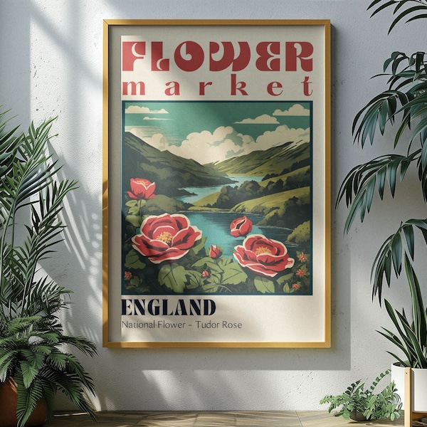 England Flower Market Poster Retro Cities Print Retro Travel Poster Vintage Travel Print Tudor Rose English Countryside London Travel Poster