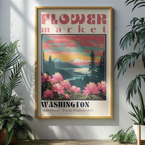 Plakat na targ kwiatowy stanu Waszyngton Retro Miasta Wydruki Retro Plakat podróżniczy Vintage Wydruk podróżniczy Las Waszyngtona Park Narodowy Rainier