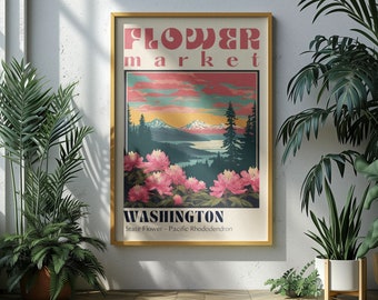 Washington State Flower Market Poster Retro Cities Prints Retro Travel Poster Vintage Travel Print Washington Forest Rainier National Park