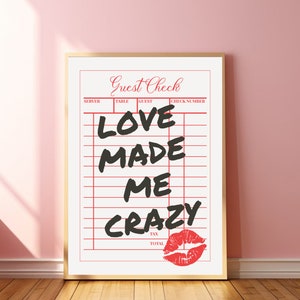 Love Made Me Crazy Guest Check Poster Guest Check Print Retro